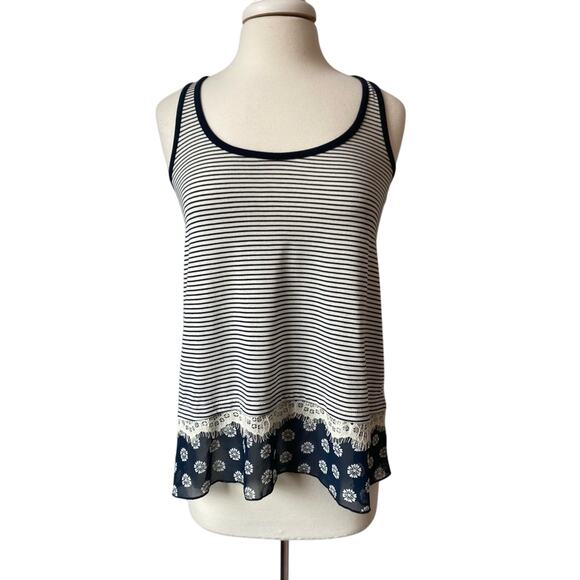 Maison Jules NWT Women's Sm Beach Nautical Navy Stripe Boho Lace Floral Tank Top - Picture 1 of 11